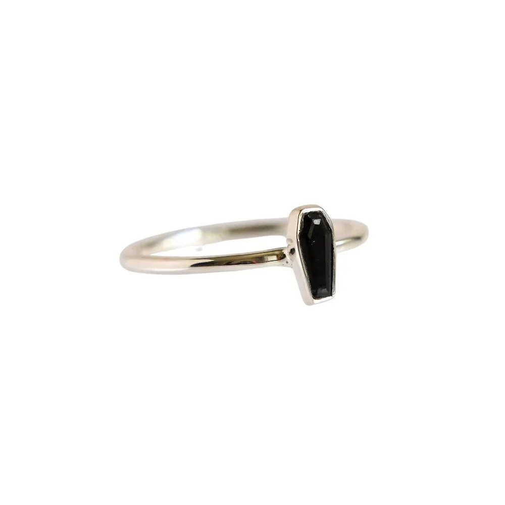 Black Tourmaline Coffin Ring in 925 Sterling Silver | Goth Jewelry